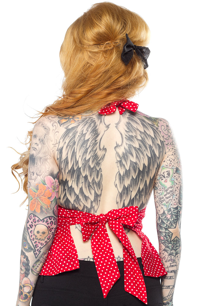 PINKY PINUPS APRON HALTER TOP RED/WHT