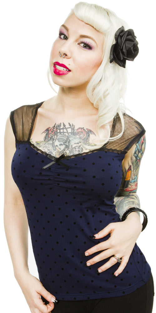 SOURPUSS DOTTED MESH DAINTY TOP NAVY~RETIRE CLOSEOUT