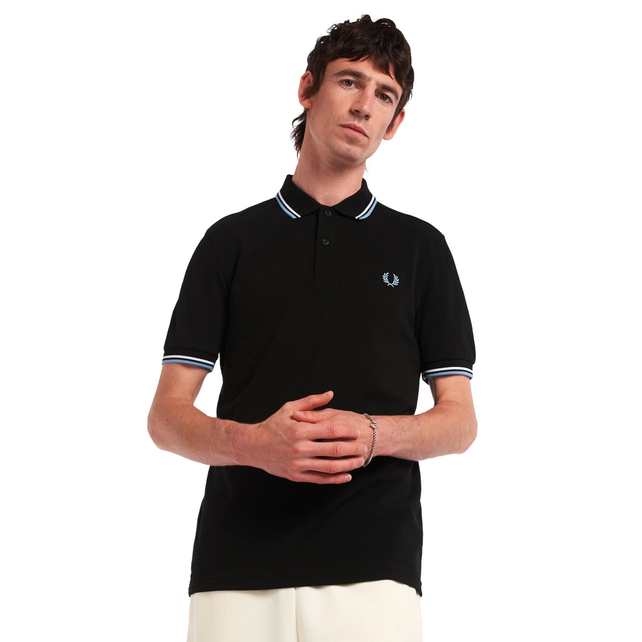 FRED PERRY TWIN TIPPED POLO SHIRT BLK/WHT/SKY