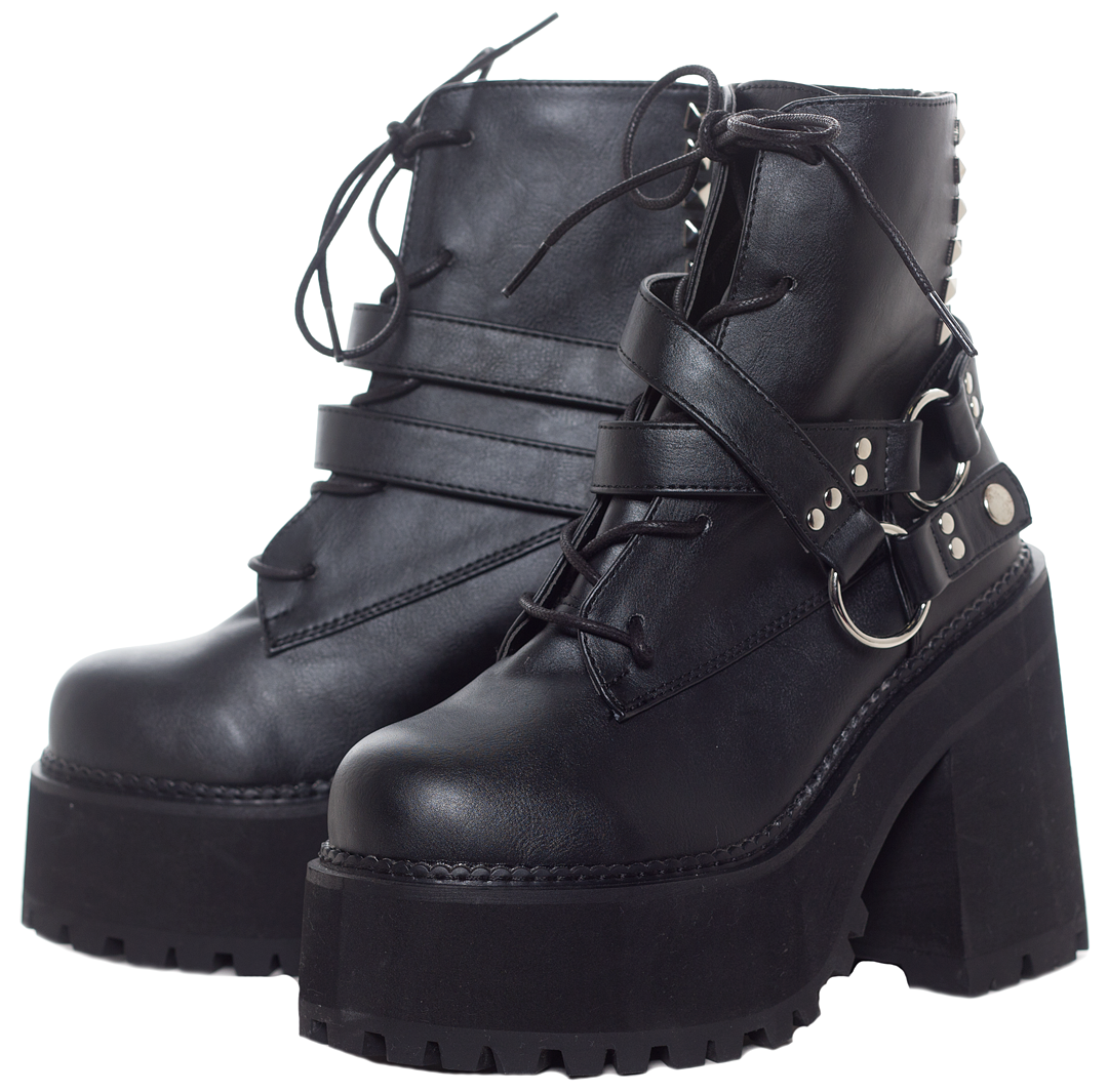 DEMONIA ASSAULT STUDDED LACE UP ANKLE BOOTS