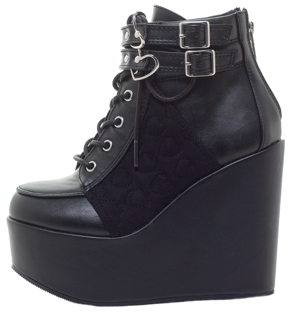 DEMONIA BLACK HEART ANKLE WEDGE BOOTS