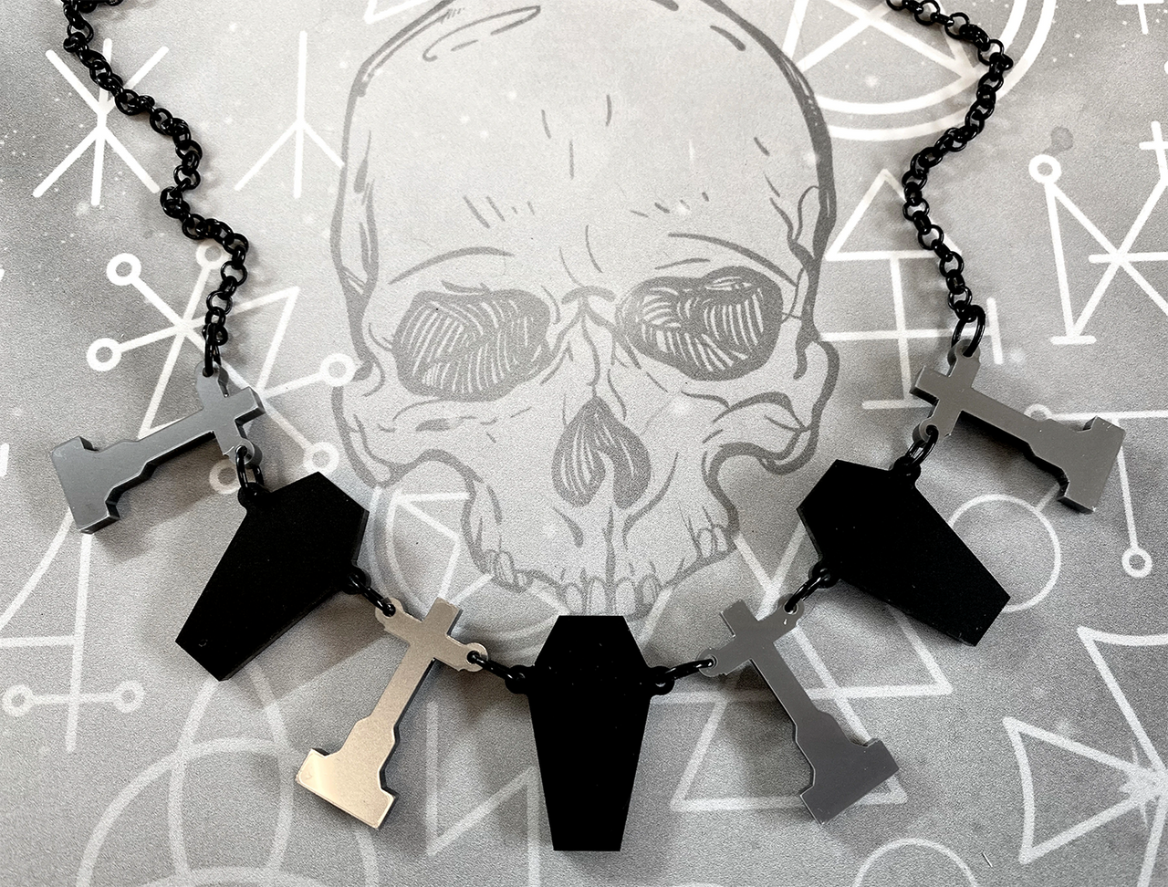 CURIOLOGY CHARMED COFFINS AND HEADSTONES NECKLACE