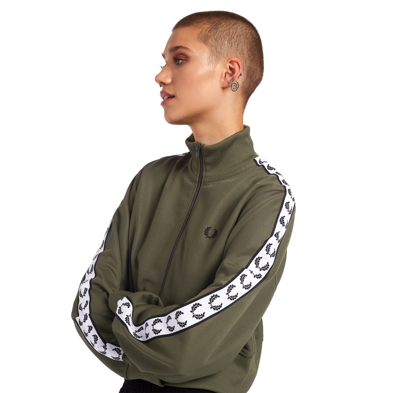 FRED PERRY CROPPED TAPED TRACK JACKET MILITARY GREEN