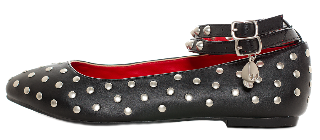 DEMONIA DEADLY DELIGHT STUDDED ANKLE STRAP FLATS