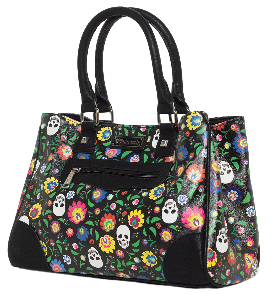LOUNGEFLY FLORAL AND WHITE SKULL TOTE BAG