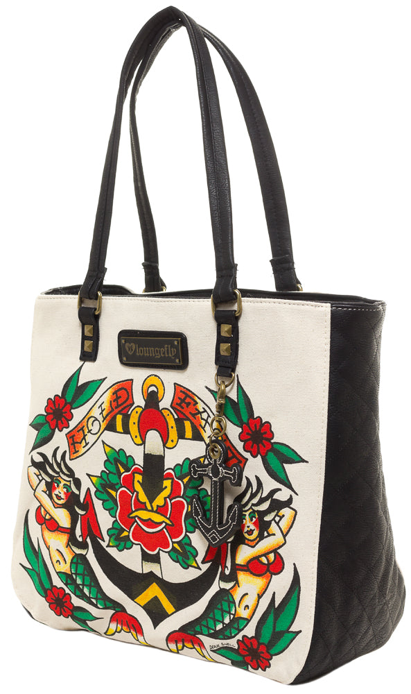 LOUNGEFLY HOLD FAST MERMAID TATTOO TOTE BAG