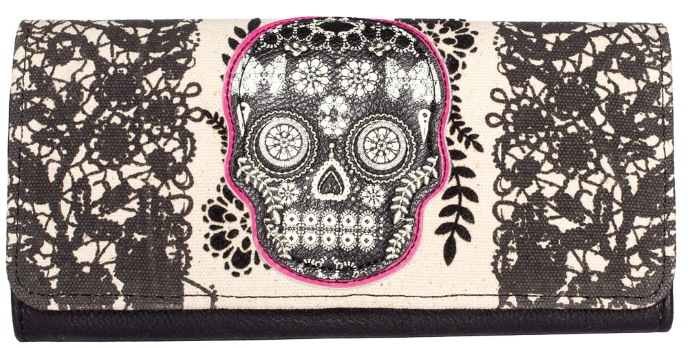 LOUNGEFLY LACE SKULL WALLET WITH FUCHSIA