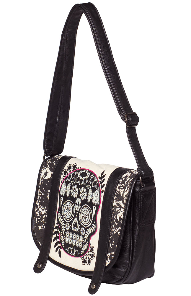 LOUNGEFLY LACE SKULL WITH FUCHSIA MESSENGER BAG