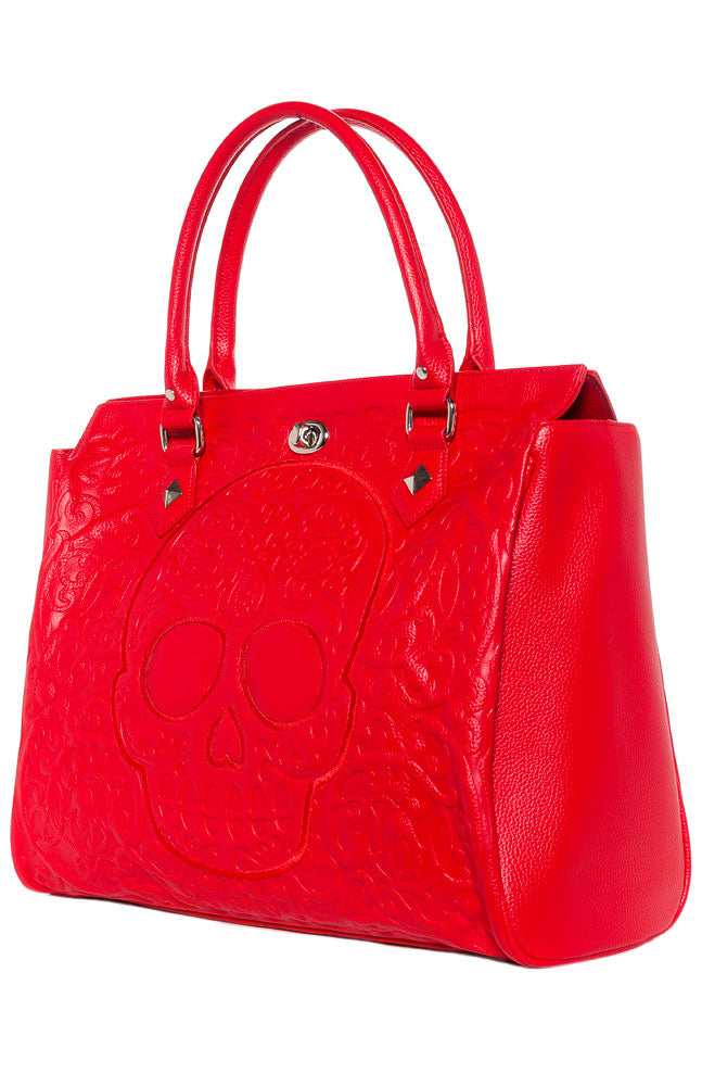 LOUNGEFLY RED ON RED LATTICE SKULL TOTE
