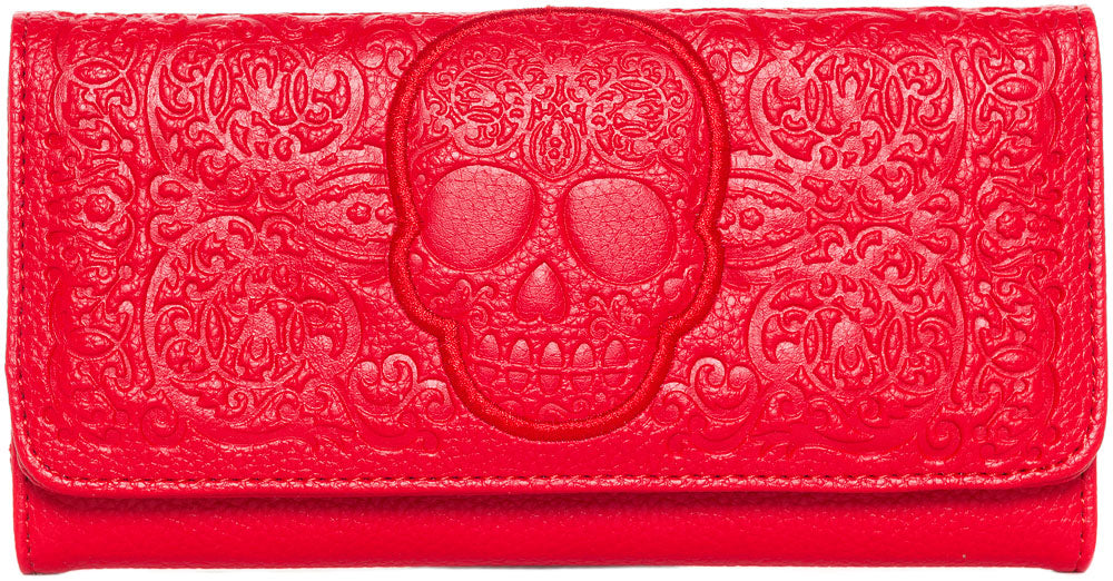 LOUNGEFLY RED ON RED LATTICE SKULL WALLET