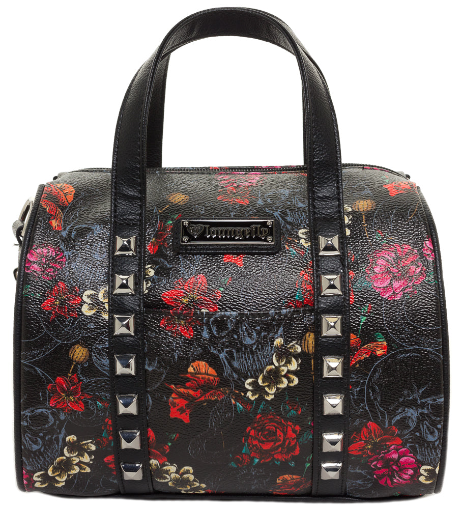 LOUNGEFLY SKULL WITH ROSES PRINTED DUFFLE PURSE