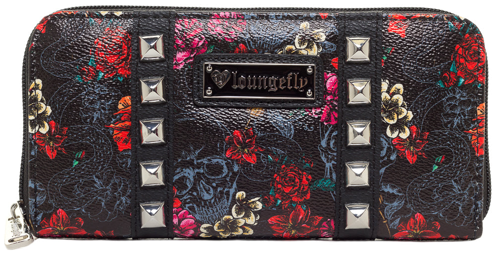 LOUNGEFLY SKULL WITH ROSES PRINTED WALLET