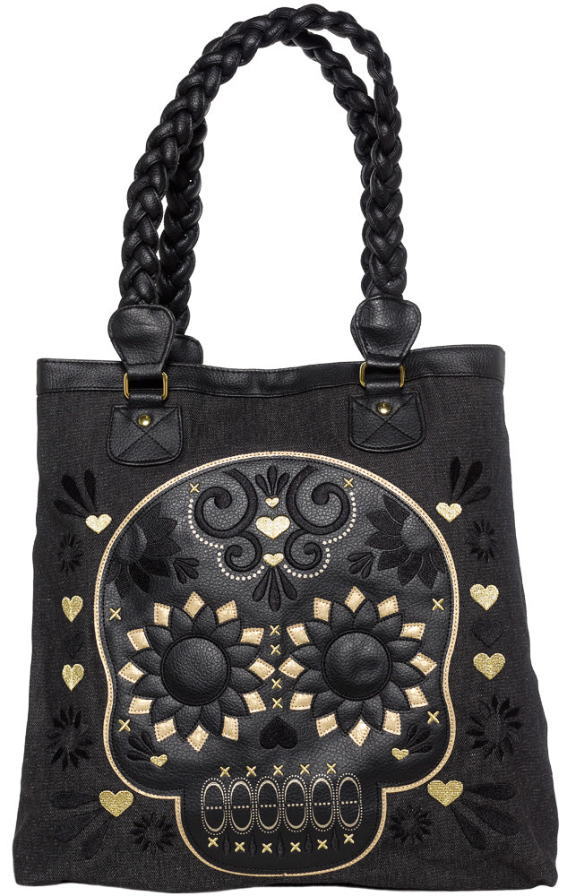 LOUNGEFLY GOLD/BLK SUGAR SKULL BAG WITH BRAIDED HANDLE