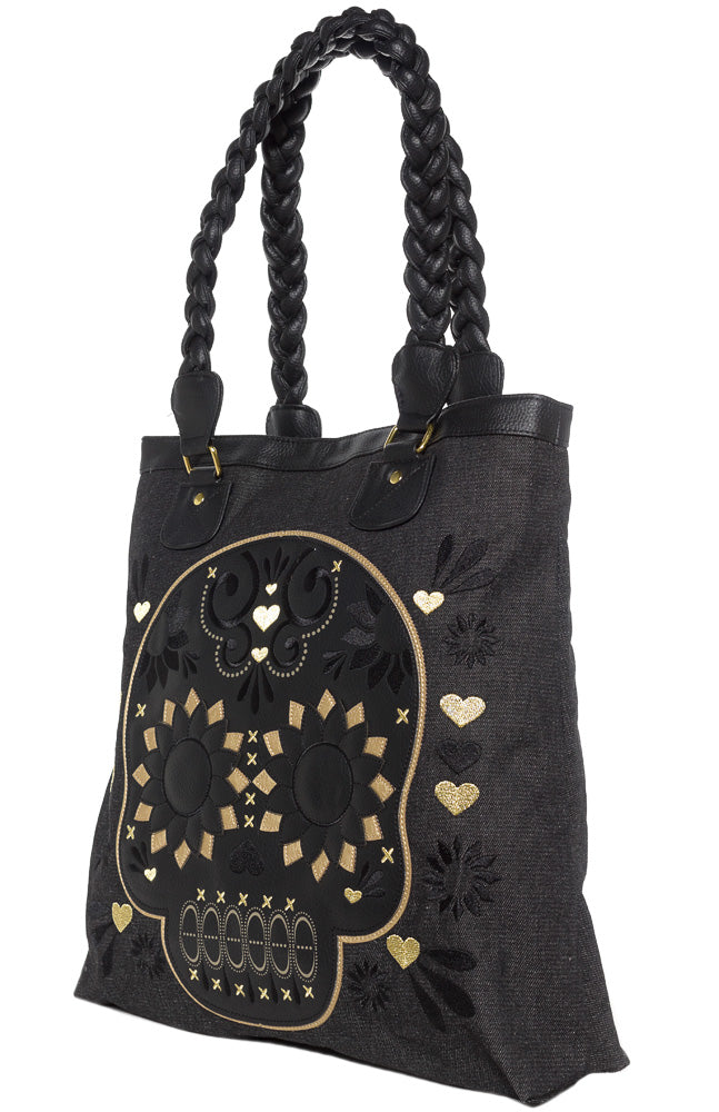 LOUNGEFLY GOLD/BLK SUGAR SKULL BAG WITH BRAIDED HANDLE
