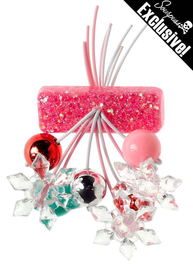 LUXULITE / SOURPUSS EXCLUSIVE HOLIDAY PINK BAR BROOCH WITH SNOWFLAKES