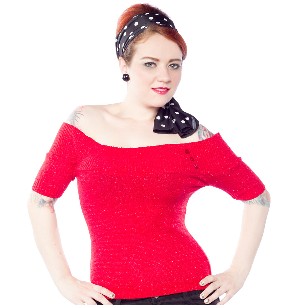 MISS FORTUNE LUREX OFF THE SHOULDER TOP RED