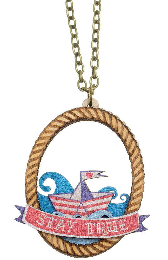 NAUTICAL WOODEN SAILBOAT CAMEO NECKLACE
